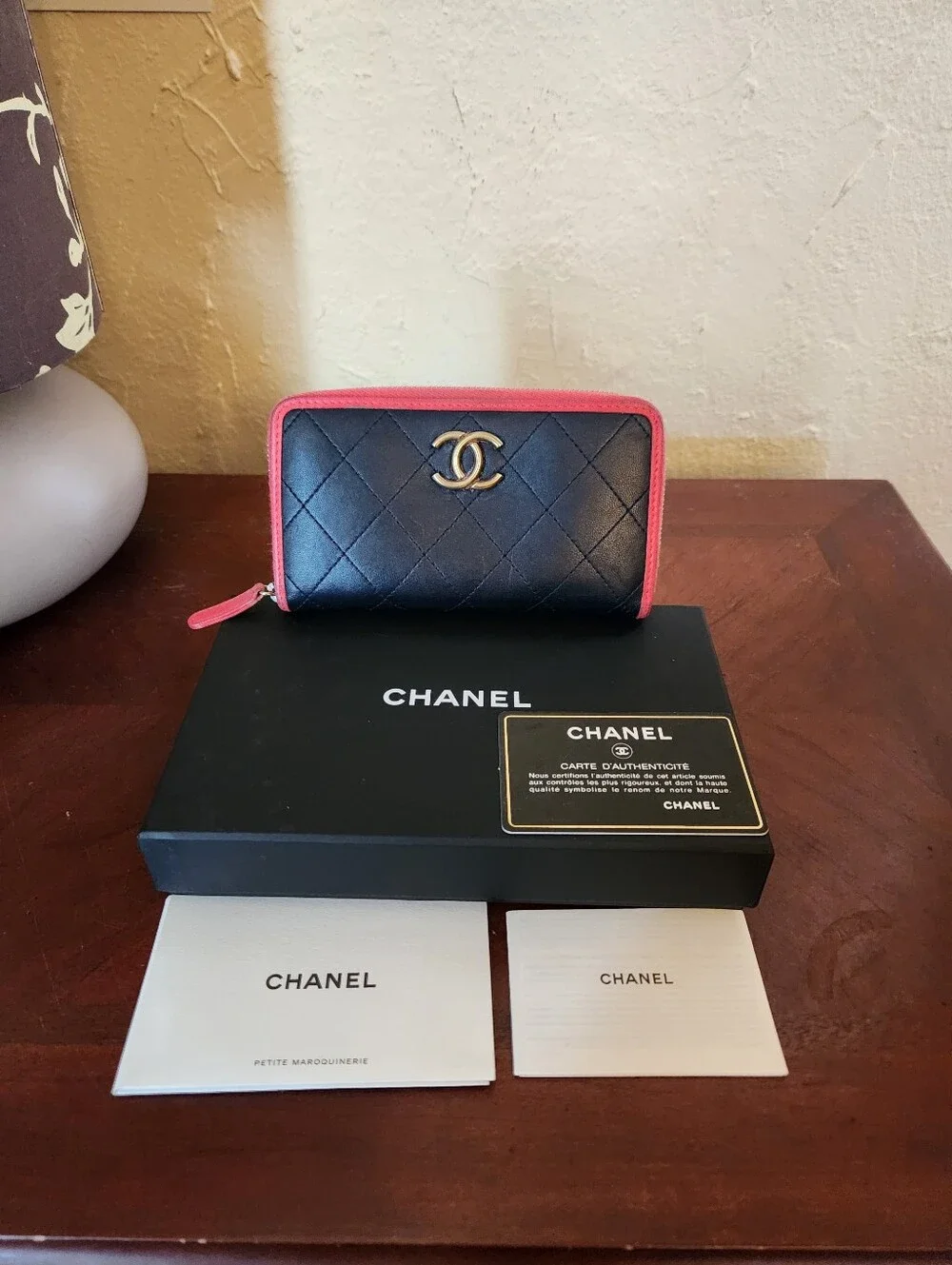 Chanel Matelasse Navy Pink Zip Medium Wallet